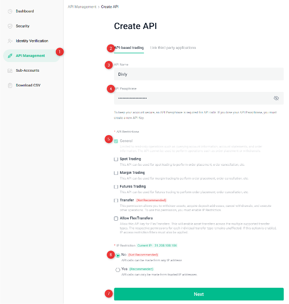Captura de pantalla de configuración de API